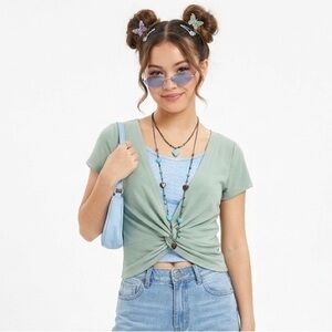20. Pastel Beauty Green Women's Knot Top& Stretch Crop Layered Bundle necklace